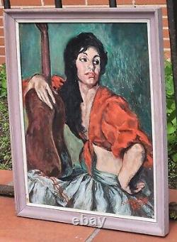 Tableau signé. La Gitane à la Guitare. Peinture huile sur panneau de bois