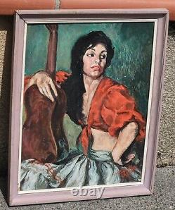 Tableau signé. La Gitane à la Guitare. Peinture huile sur panneau de bois