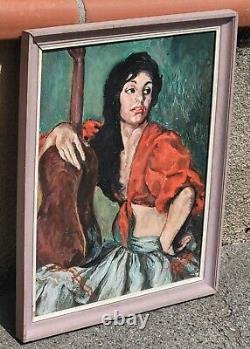 Tableau signé. La Gitane à la Guitare. Peinture huile sur panneau de bois