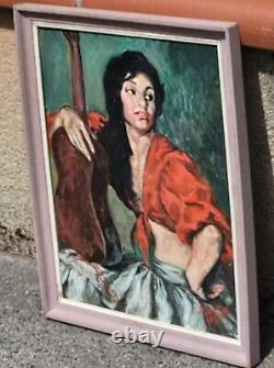 Tableau signé. La Gitane à la Guitare. Peinture huile sur panneau de bois