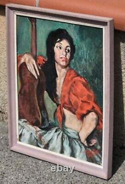 Tableau signé. La Gitane à la Guitare. Peinture huile sur panneau de bois