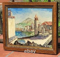 Tableau signé M VICEMS Paysage Méditerranéen Peinture huile sur panneau bois