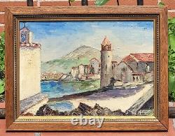 Tableau signé M VICEMS Paysage Méditerranéen Peinture huile sur panneau bois