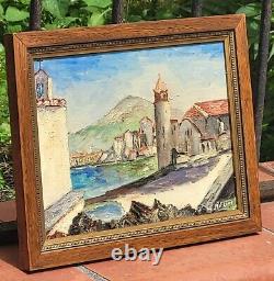 Tableau signé M VICEMS Paysage Méditerranéen Peinture huile sur panneau bois
