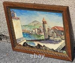 Tableau signé M VICEMS Paysage Méditerranéen Peinture huile sur panneau bois