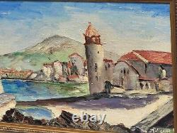 Tableau signé M VICEMS Paysage Méditerranéen Peinture huile sur panneau bois