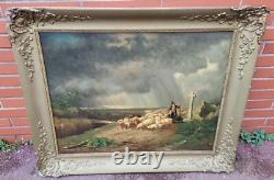 Tableau signé Moutons Effrayes par la Tempête Peinture huile sur panneau de bois