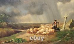 Tableau signé Moutons Effrayes par la Tempête Peinture huile sur panneau de bois