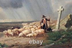 Tableau signé Moutons Effrayes par la Tempête Peinture huile sur panneau de bois