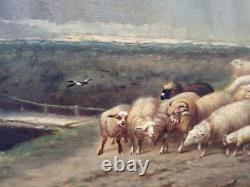 Tableau signé Moutons Effrayes par la Tempête Peinture huile sur panneau de bois