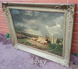 Tableau signé Moutons Effrayes par la Tempête Peinture huile sur panneau de bois