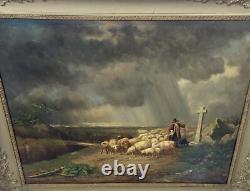 Tableau signé Moutons Effrayes par la Tempête Peinture huile sur panneau de bois