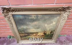 Tableau signé Moutons Effrayes par la Tempête Peinture huile sur panneau de bois