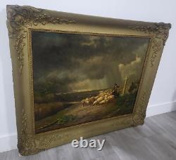 Tableau signé Moutons Effrayes par la Tempête Peinture huile sur panneau de bois