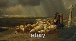Tableau signé Moutons Effrayes par la Tempête Peinture huile sur panneau de bois