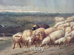 Tableau signé Moutons Effrayes par la Tempête Peinture huile sur panneau de bois