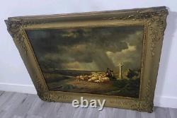 Tableau signé Moutons Effrayes par la Tempête Peinture huile sur panneau de bois
