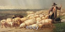 Tableau signé Moutons Effrayes par la Tempête Peinture huile sur panneau de bois