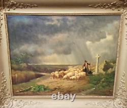 Tableau signé Moutons Effrayes par la Tempête Peinture huile sur panneau de bois