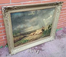 Tableau signé Moutons Effrayes par la Tempête Peinture huile sur panneau de bois