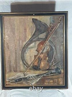 Tableau signé N. GRAVY. Instrument de musique. Peinture huile sur panneau de bois