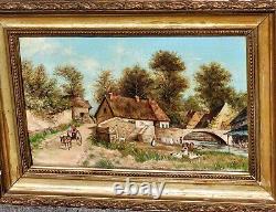 Tableau signé Paysage Animé Peinture huile sur panneau de bois