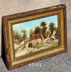 Tableau signé Paysage Animé Peinture huile sur panneau de bois