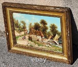 Tableau signé Paysage Animé Peinture huile sur panneau de bois