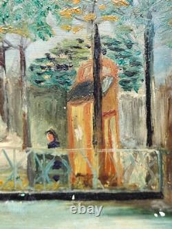 Tableau signé Paysage Animé Peinture huile sur panneau de bois