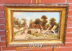 Tableau signé Paysage Animé Peinture huile sur panneau de bois