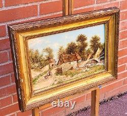 Tableau signé Paysage Animé Peinture huile sur panneau de bois