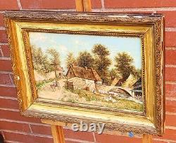 Tableau signé Paysage Animé Peinture huile sur panneau de bois