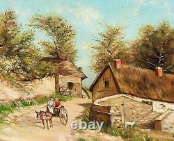 Tableau signé Paysage Animé Peinture huile sur panneau de bois