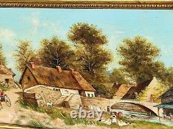 Tableau signé Paysage Animé Peinture huile sur panneau de bois