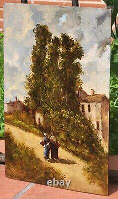 Tableau signé. Paysage Animé. Peinture huile sur panneau de bois Style XlXème