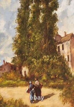 Tableau signé. Paysage Animé. Peinture huile sur panneau de bois Style XlXème