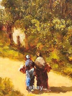 Tableau signé. Paysage Animé. Peinture huile sur panneau de bois Style XlXème