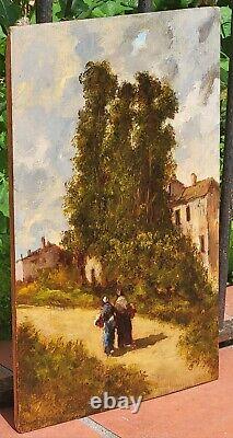 Tableau signé. Paysage Animé. Peinture huile sur panneau de bois Style XlXème
