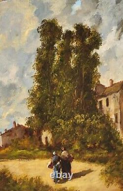 Tableau signé. Paysage Animé. Peinture huile sur panneau de bois Style XlXème