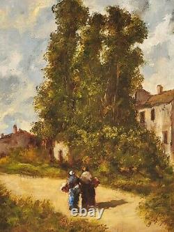 Tableau signé. Paysage Animé. Peinture huile sur panneau de bois Style XlXème