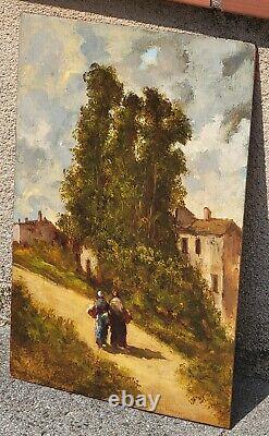 Tableau signé. Paysage Animé. Peinture huile sur panneau de bois Style XlXème