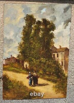 Tableau signé. Paysage Animé. Peinture huile sur panneau de bois Style XlXème