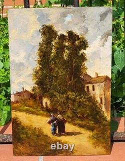 Tableau signé. Paysage Animé. Peinture huile sur panneau de bois Style XlXème