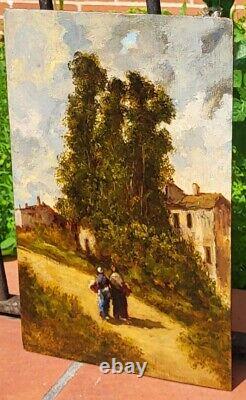 Tableau signé. Paysage Animé. Peinture huile sur panneau de bois Style XlXème