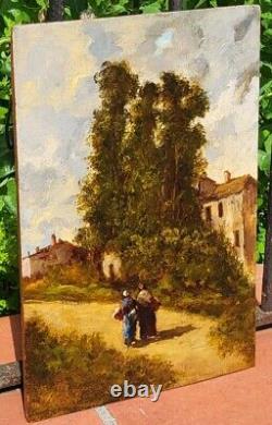 Tableau signé. Paysage Animé. Peinture huile sur panneau de bois Style XlXème