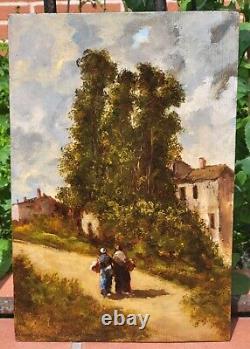 Tableau signé. Paysage Animé. Peinture huile sur panneau de bois Style XlXème