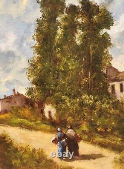 Tableau signé. Paysage Animé. Peinture huile sur panneau de bois Style XlXème