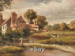 Tableau signé. Paysage Animé. Peinture huile sur panneau de bois d'acajou
