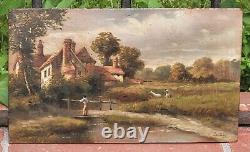 Tableau signé. Paysage Animé. Peinture huile sur panneau de bois d'acajou