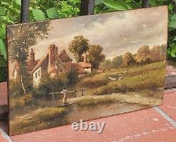 Tableau signé. Paysage Animé. Peinture huile sur panneau de bois d'acajou
